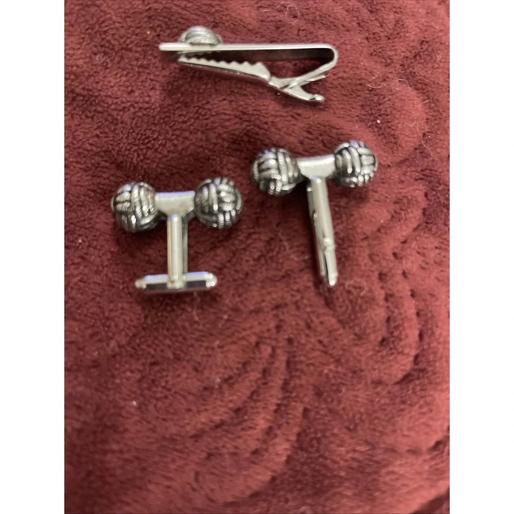 Vintage Cufflinks & Tie Clip With Love Knot Motif, Silvertone - Heavy Turks Head